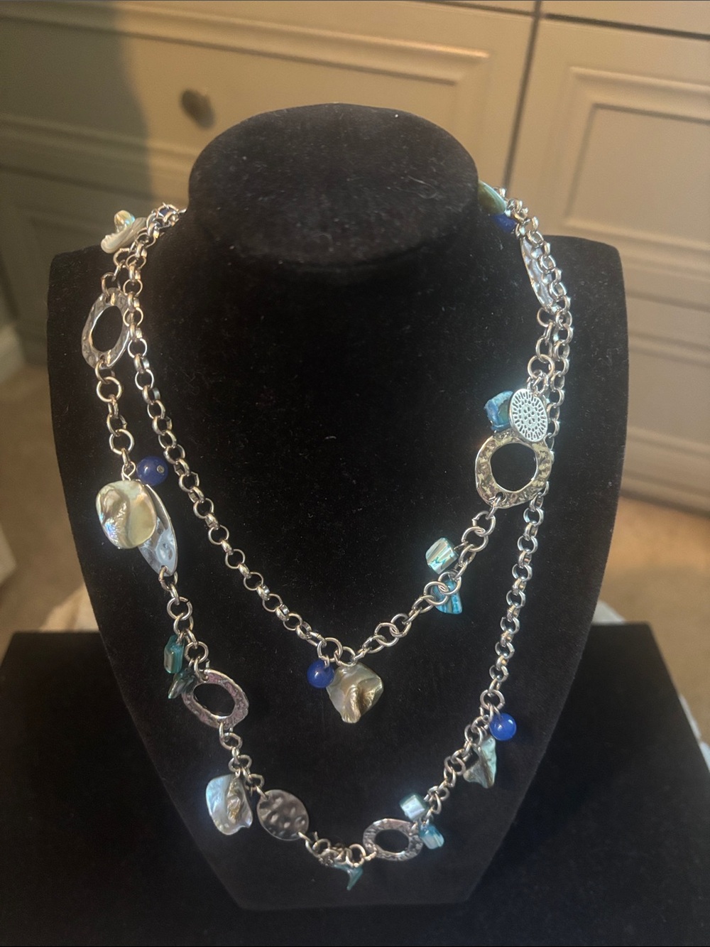 Silver-Tone Multi Blue Bead Layered Necklace